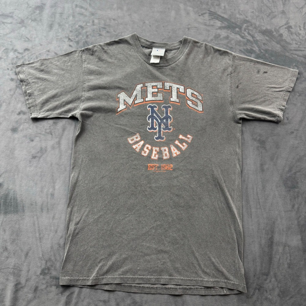 MLB New York Mets Baseball Graphic T-Shirt Grey Distressed Vintage Style Mens L
